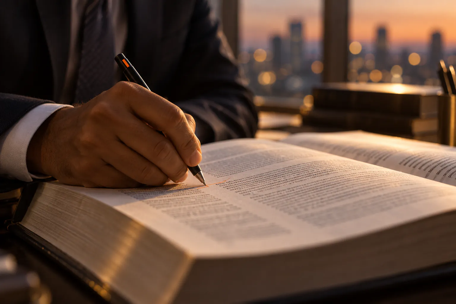 A lawyer annotating a statute book with a pen