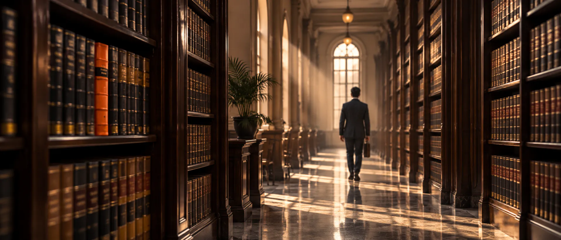 A lawyer walking down a library corridor lined with law reports