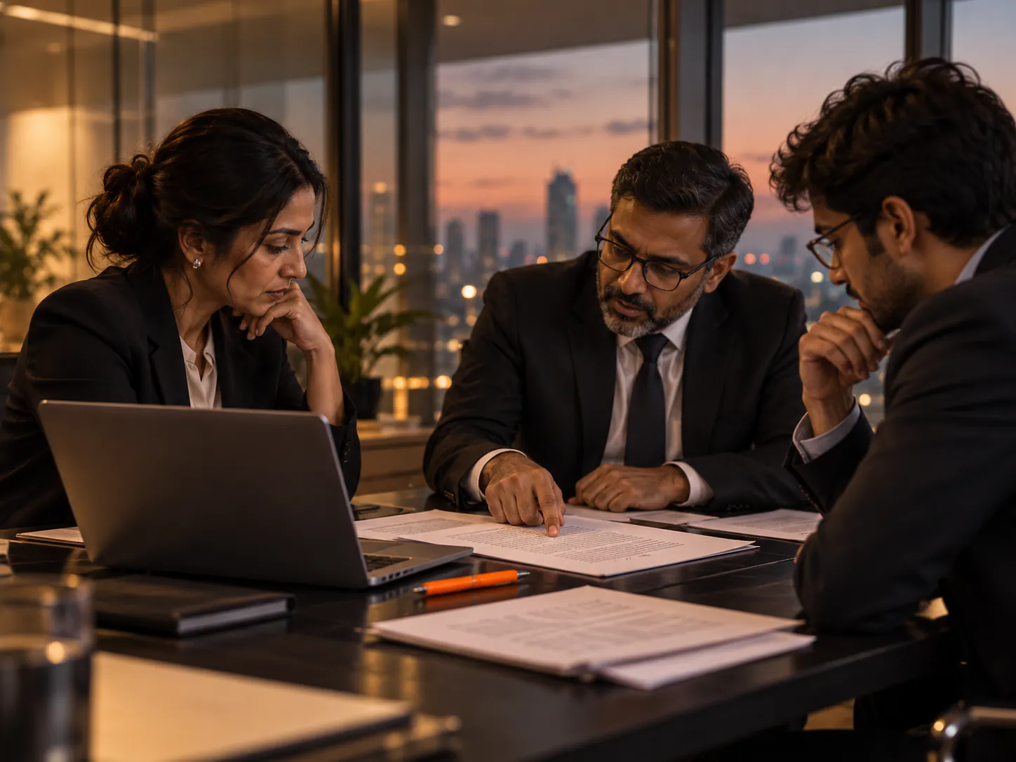 Three lawyers reviewing documents around a laptop