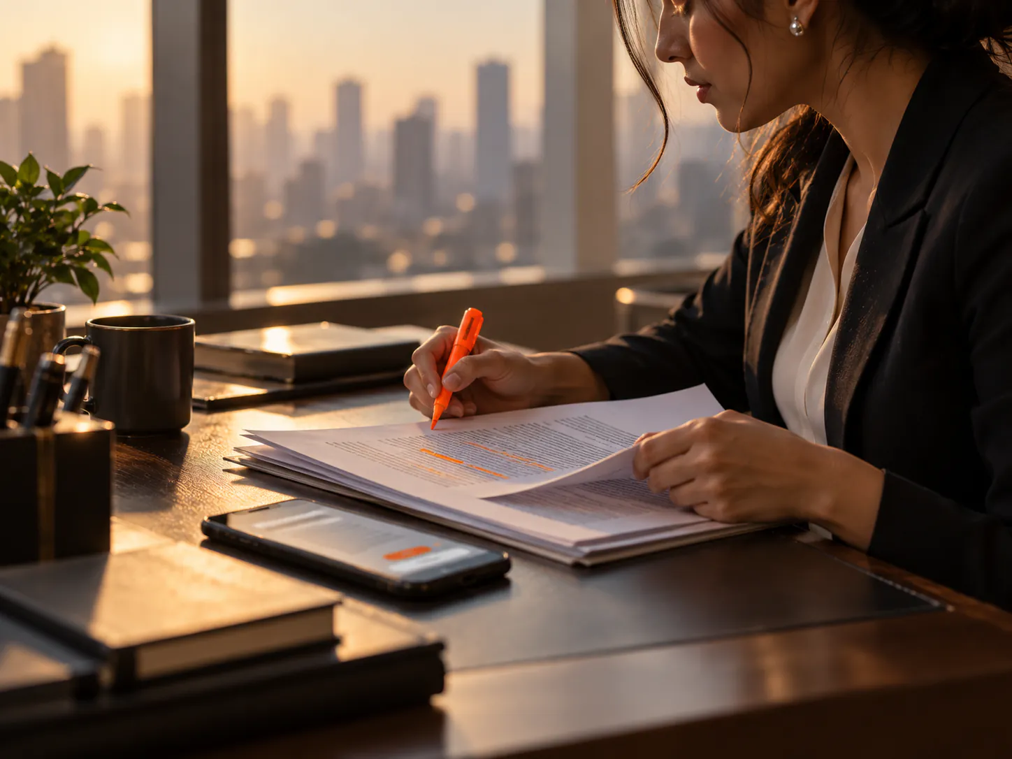 A lawyer marking up a printed document with an orange pen