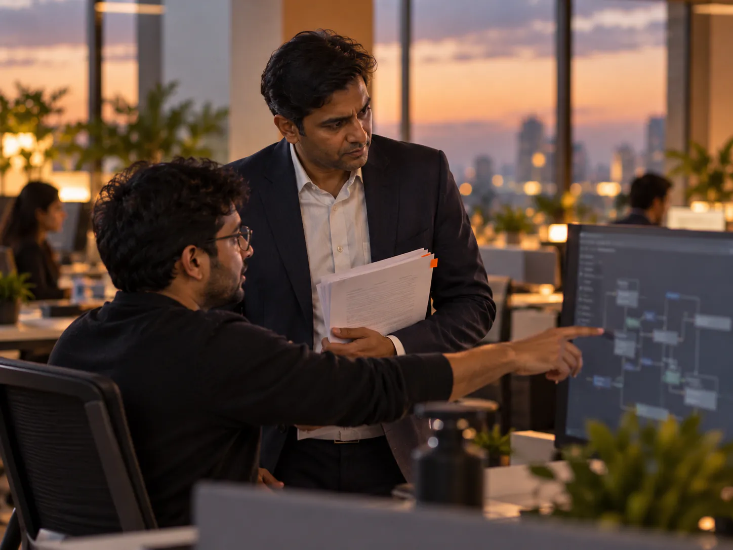 A lawyer and an engineer looking at a system diagram on a screen